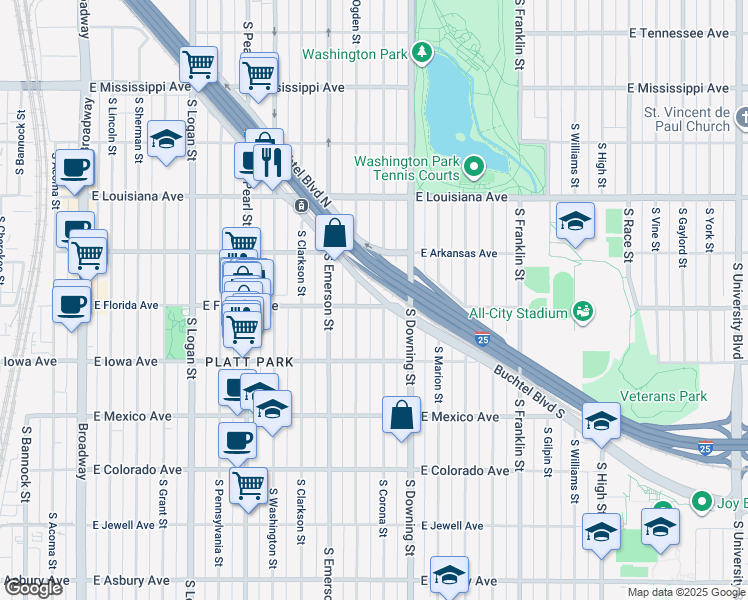 map of restaurants, bars, coffee shops, grocery stores, and more near 1499 South Corona Street in Denver