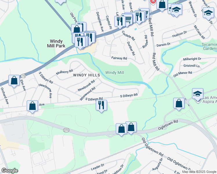 map of restaurants, bars, coffee shops, grocery stores, and more near 309 North Dillwyn Road in Newark