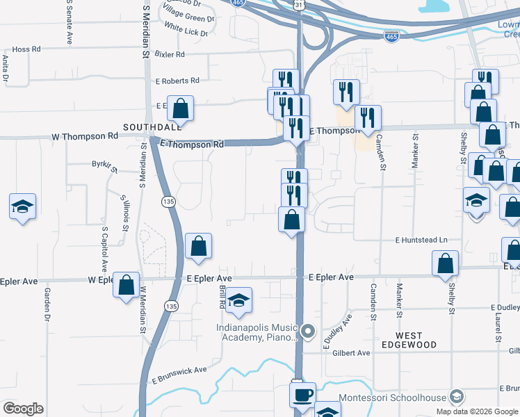 map of restaurants, bars, coffee shops, grocery stores, and more near 444 Powell Street in Indianapolis