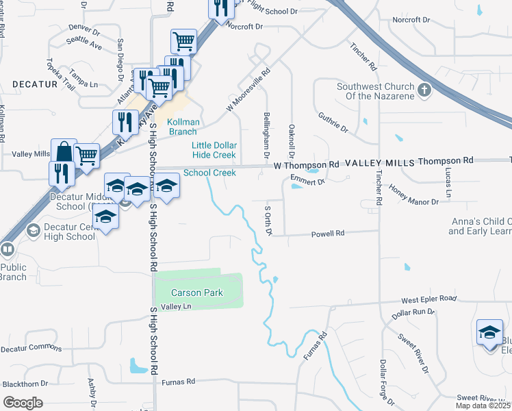 map of restaurants, bars, coffee shops, grocery stores, and more near 5839 Emmert Way in Indianapolis