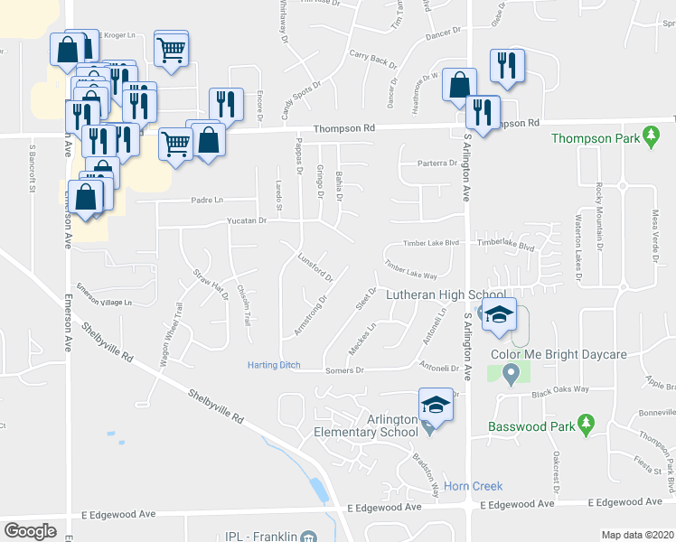 map of restaurants, bars, coffee shops, grocery stores, and more near 5344 Armstrong Drive in Indianapolis