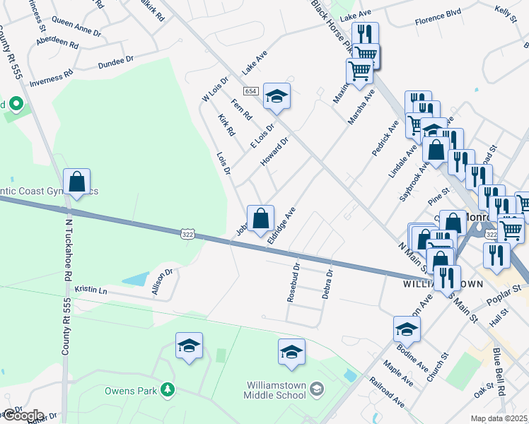 map of restaurants, bars, coffee shops, grocery stores, and more near 202 Jobs Lane in Monroe Township