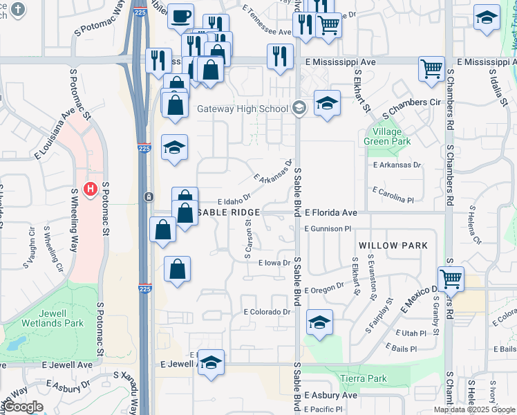 map of restaurants, bars, coffee shops, grocery stores, and more near 14341 East Carolina Drive in Aurora