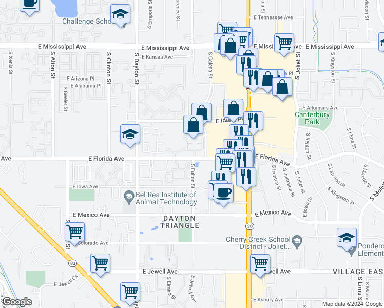 map of restaurants, bars, coffee shops, grocery stores, and more near 10011 East Carolina Drive in Denver