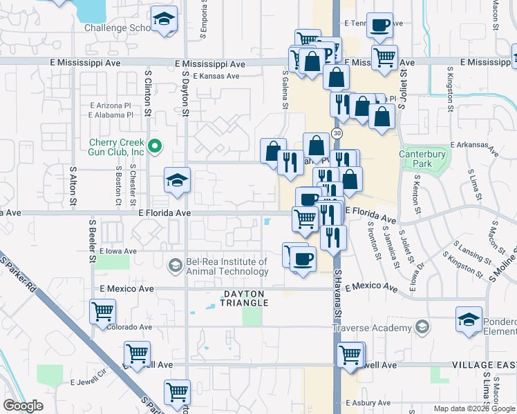 map of restaurants, bars, coffee shops, grocery stores, and more near 10011 East Carolina Drive in Denver