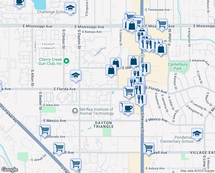 map of restaurants, bars, coffee shops, grocery stores, and more near 10011 East Carolina Drive in Denver