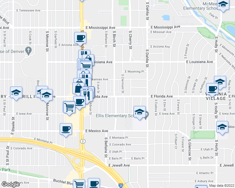 map of restaurants, bars, coffee shops, grocery stores, and more near 1469 South Clermont Street in Denver