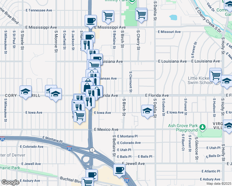 map of restaurants, bars, coffee shops, grocery stores, and more near 1470 South Bellaire Street in Denver