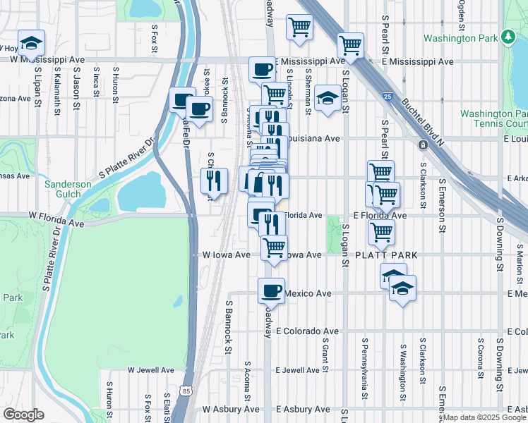 map of restaurants, bars, coffee shops, grocery stores, and more near 1451 South Broadway in Denver