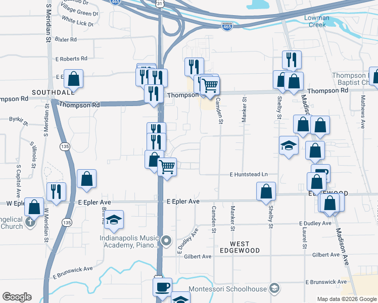 map of restaurants, bars, coffee shops, grocery stores, and more near 610 Turtle Creek North Drive in Indianapolis