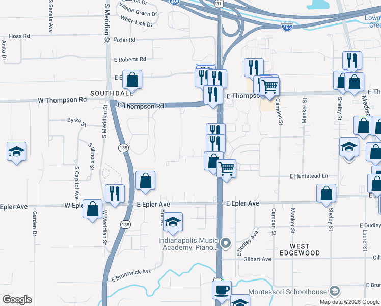 map of restaurants, bars, coffee shops, grocery stores, and more near 444 Powell Street in Indianapolis