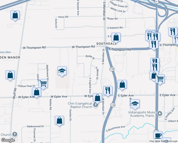 map of restaurants, bars, coffee shops, grocery stores, and more near 5235 Southdale Drive in Indianapolis