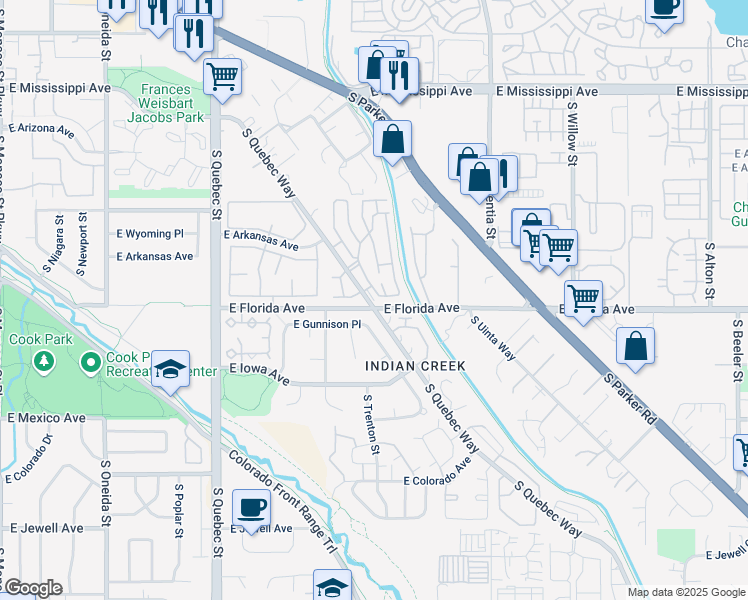 map of restaurants, bars, coffee shops, grocery stores, and more near 16 South Quebec Way in Denver