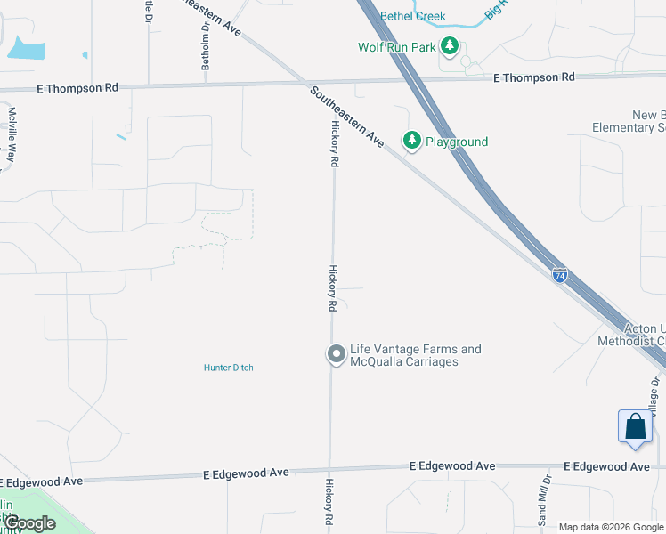map of restaurants, bars, coffee shops, grocery stores, and more near 5444 Hickory Road in Indianapolis