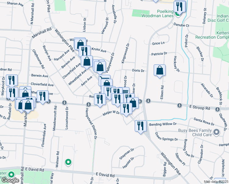 map of restaurants, bars, coffee shops, grocery stores, and more near 3980 Wilmington Pike in Dayton
