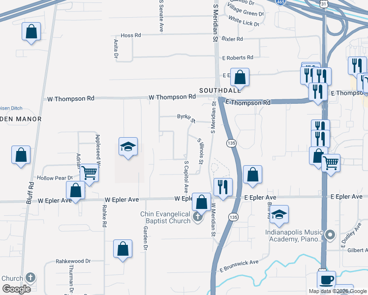 map of restaurants, bars, coffee shops, grocery stores, and more near 5235 Southdale Drive in Indianapolis