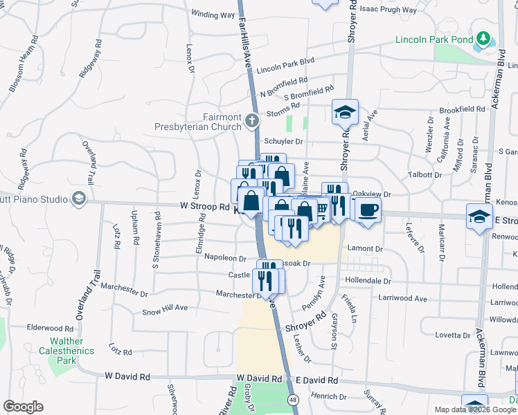 map of restaurants, bars, coffee shops, grocery stores, and more near Far Hills Ave & W Stroop Rd in Kettering