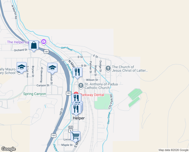 map of restaurants, bars, coffee shops, grocery stores, and more near 97 Welby Street in Helper