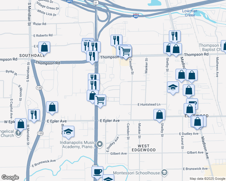 map of restaurants, bars, coffee shops, grocery stores, and more near 610 Turtle Creek North Drive in Indianapolis