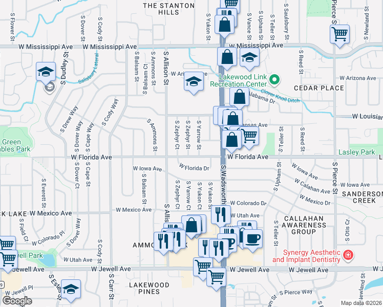 map of restaurants, bars, coffee shops, grocery stores, and more near 1450 South Zephyr Street in Lakewood