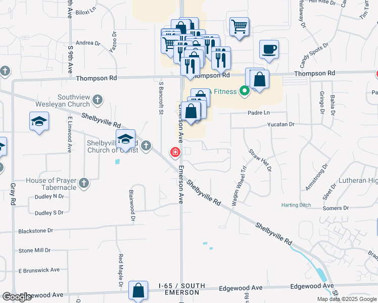 map of restaurants, bars, coffee shops, grocery stores, and more near 5319 South Emerson Avenue in Indianapolis