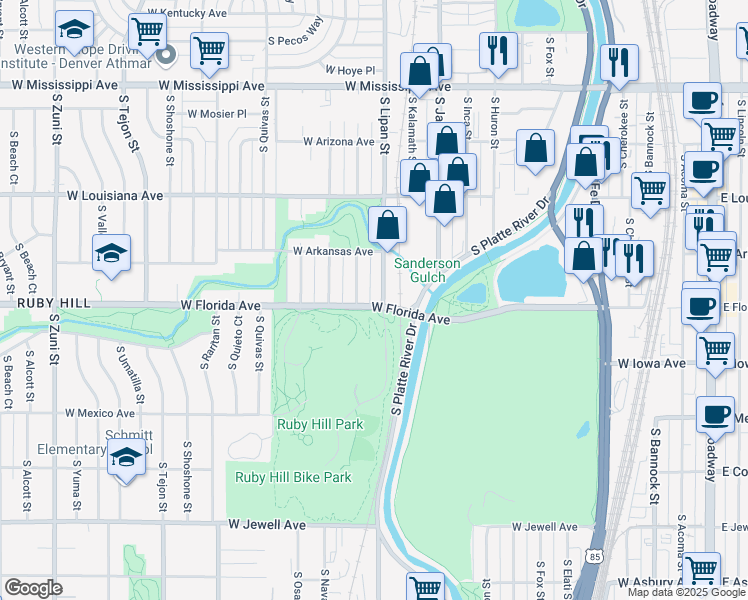 map of restaurants, bars, coffee shops, grocery stores, and more near 1201 West Florida Avenue in Denver