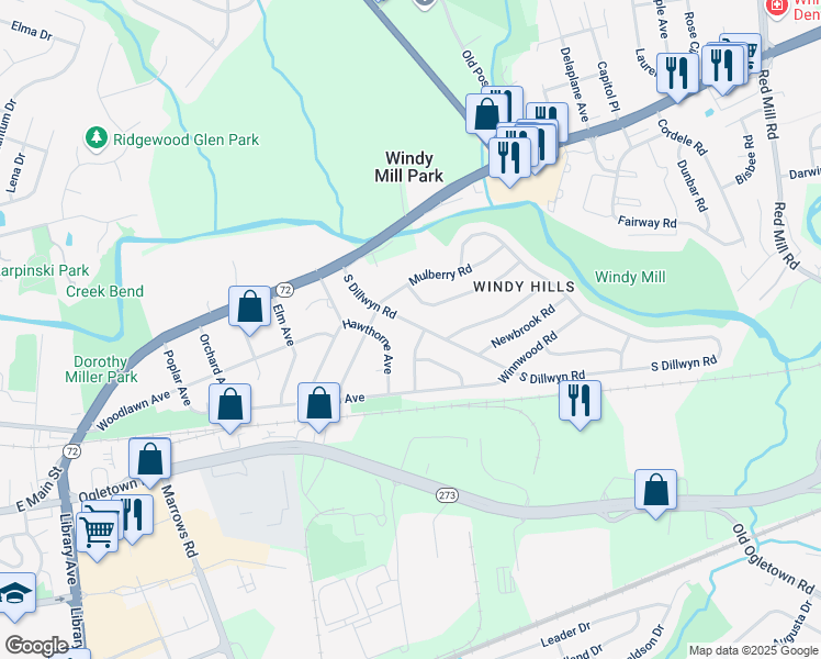 map of restaurants, bars, coffee shops, grocery stores, and more near 19 South Dillwyn Road in Newark