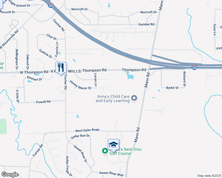 map of restaurants, bars, coffee shops, grocery stores, and more near 5204 Honey Manor Drive in Indianapolis