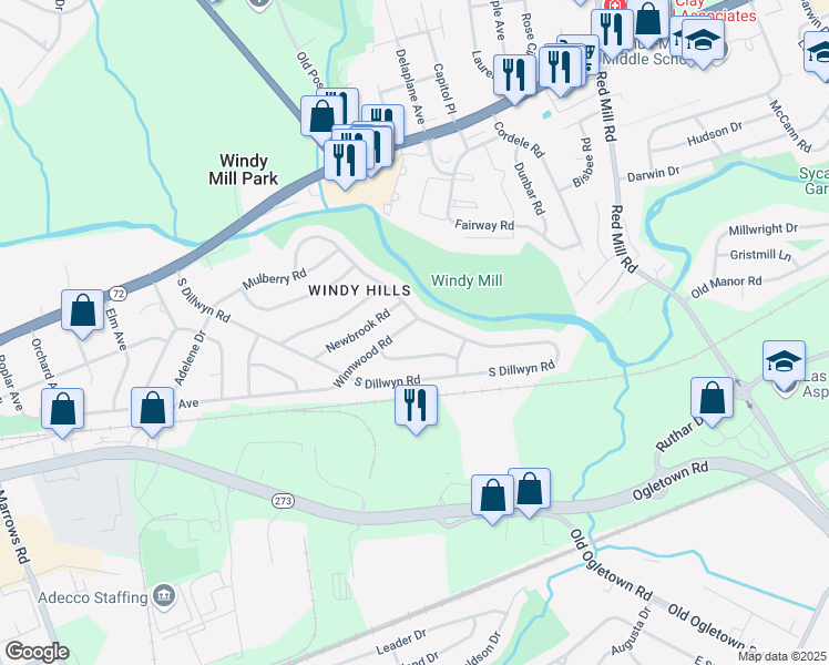 map of restaurants, bars, coffee shops, grocery stores, and more near 24 Winnwood Road in Newark