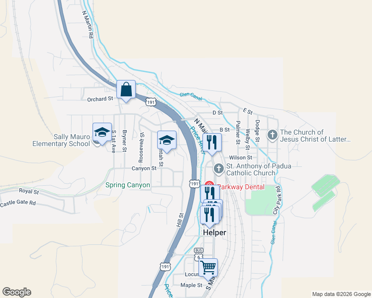 map of restaurants, bars, coffee shops, grocery stores, and more near 79 Garden Street in Helper