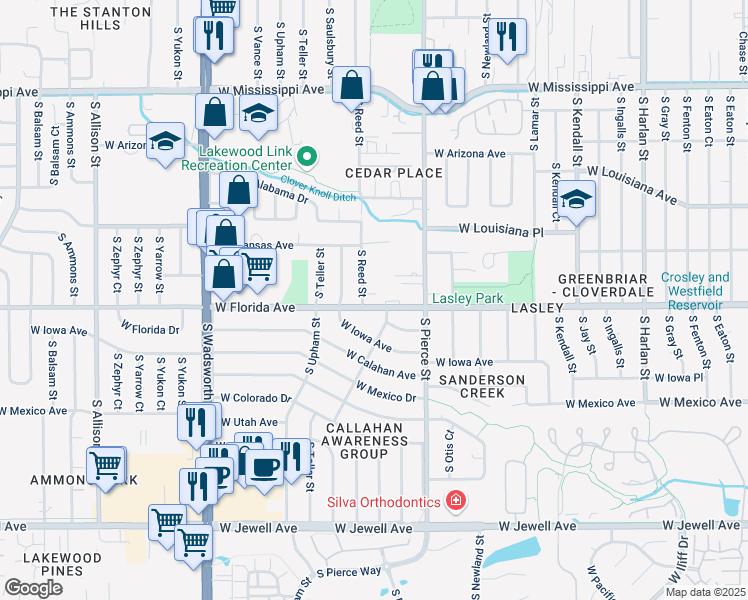 map of restaurants, bars, coffee shops, grocery stores, and more near 1490 South Reed Street in Lakewood