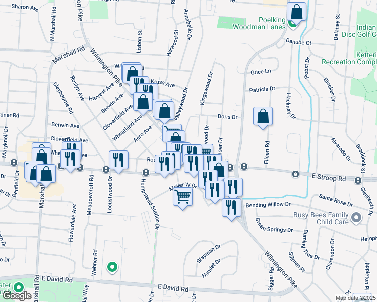 map of restaurants, bars, coffee shops, grocery stores, and more near 3980 Wilmington Pike in Dayton
