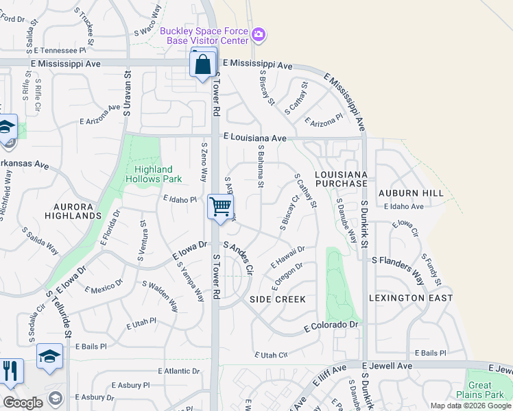 map of restaurants, bars, coffee shops, grocery stores, and more near 1439 South Bahama Way in Aurora
