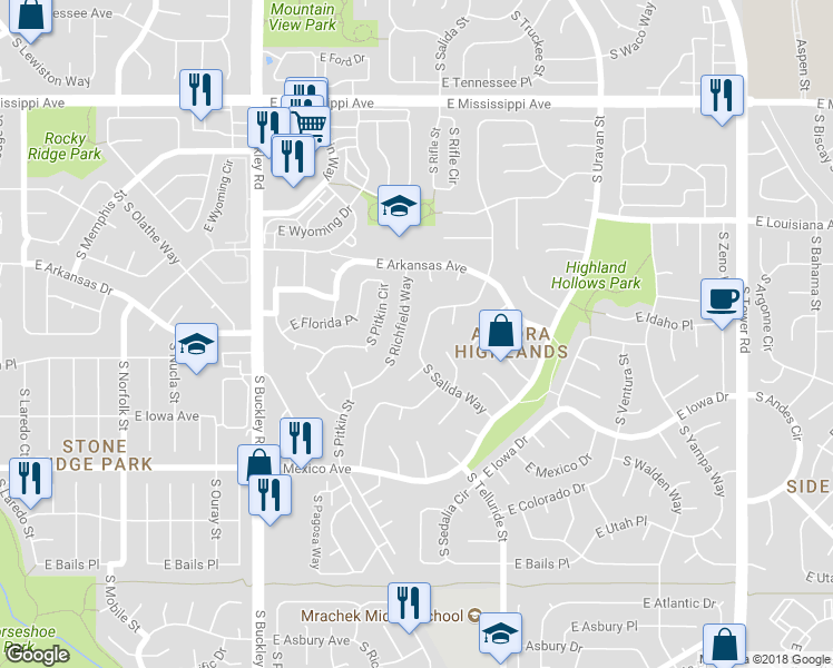 map of restaurants, bars, coffee shops, grocery stores, and more near 1493 South Richfield Way in Aurora