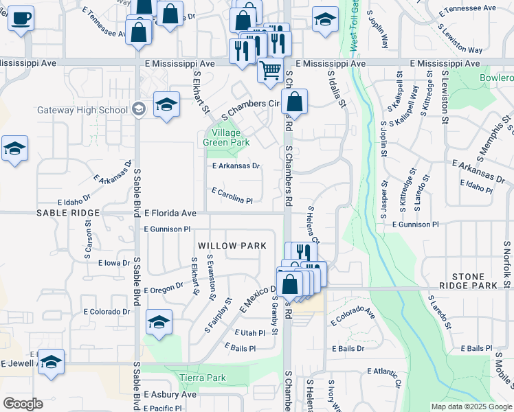 map of restaurants, bars, coffee shops, grocery stores, and more near 15017 East Carolina Place in Aurora