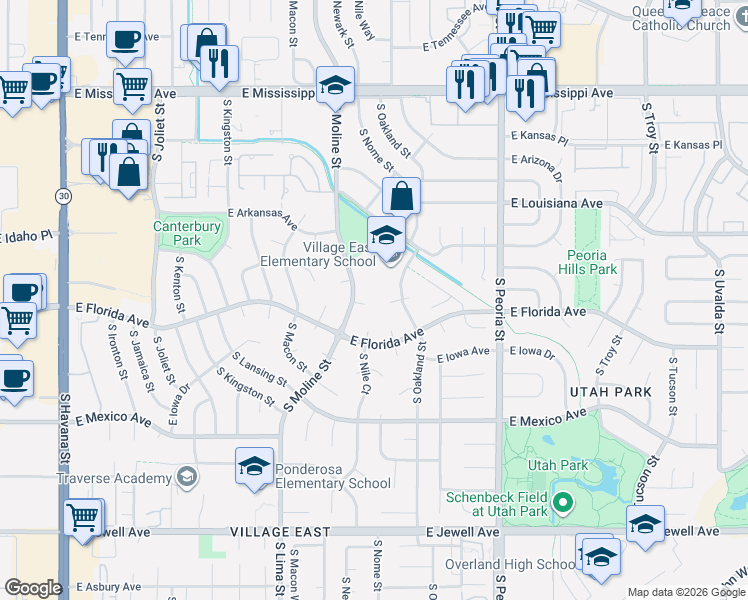 map of restaurants, bars, coffee shops, grocery stores, and more near 1456 South Moline Street in Aurora