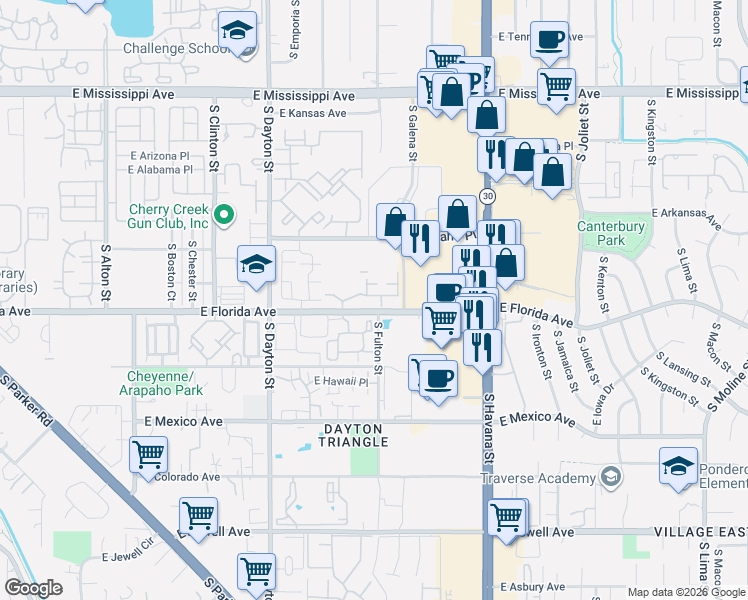 map of restaurants, bars, coffee shops, grocery stores, and more near 10011 East Carolina Drive in Denver