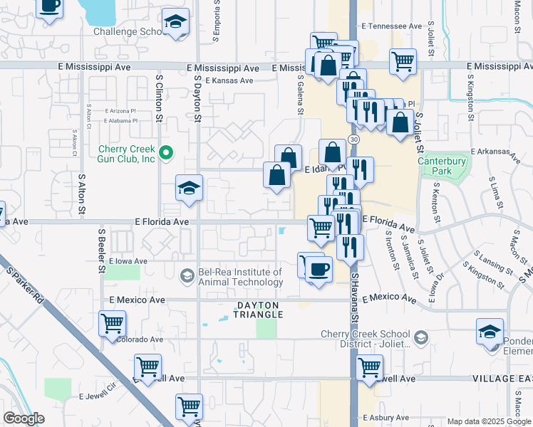 map of restaurants, bars, coffee shops, grocery stores, and more near 10011 East Carolina Drive in Denver
