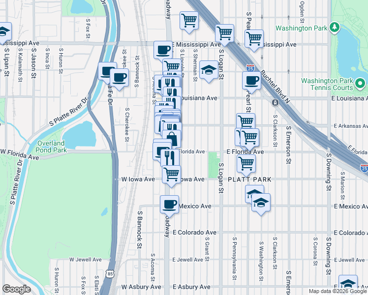 map of restaurants, bars, coffee shops, grocery stores, and more near 1473 South Lincoln Street in Denver