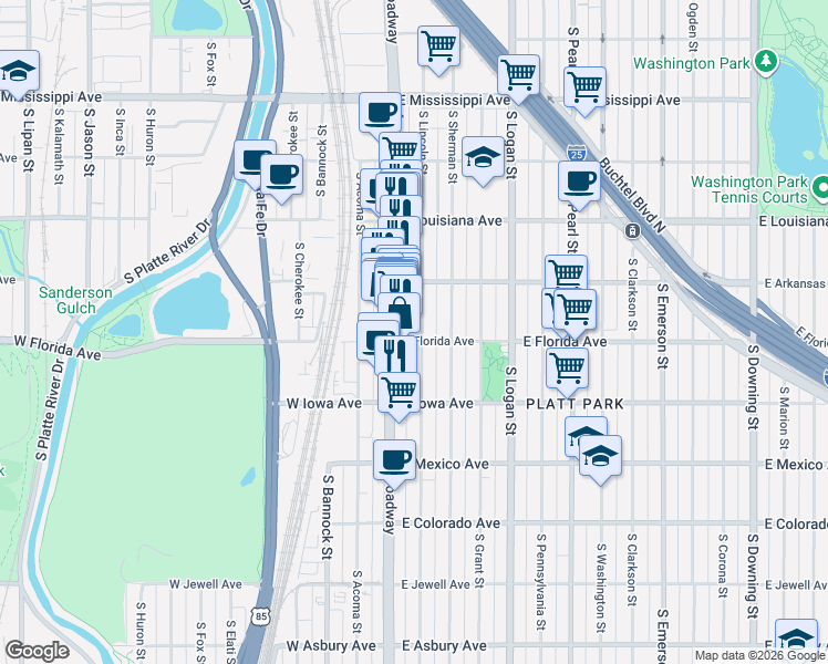 map of restaurants, bars, coffee shops, grocery stores, and more near 1473 South Lincoln Street in Denver