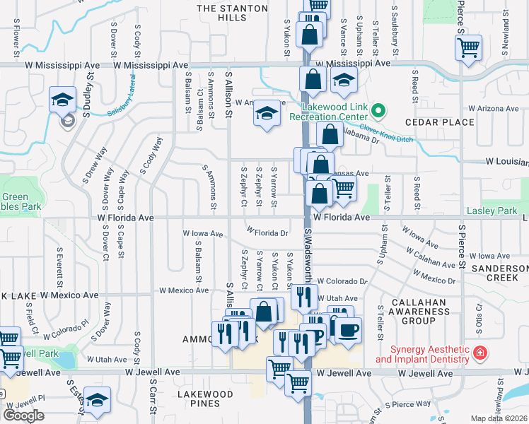 map of restaurants, bars, coffee shops, grocery stores, and more near 1450 South Zephyr Street in Lakewood
