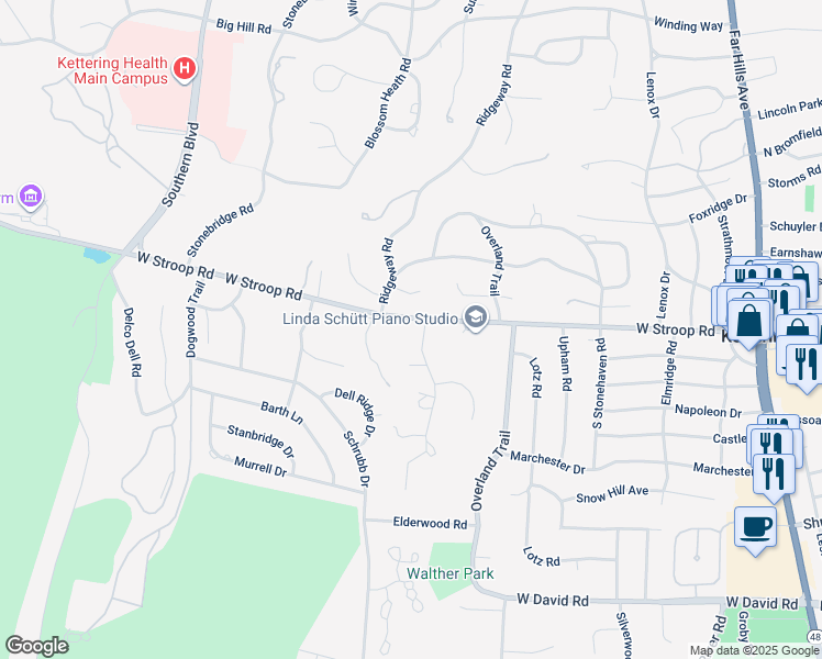 map of restaurants, bars, coffee shops, grocery stores, and more near 540 West Stroop Road in Dayton