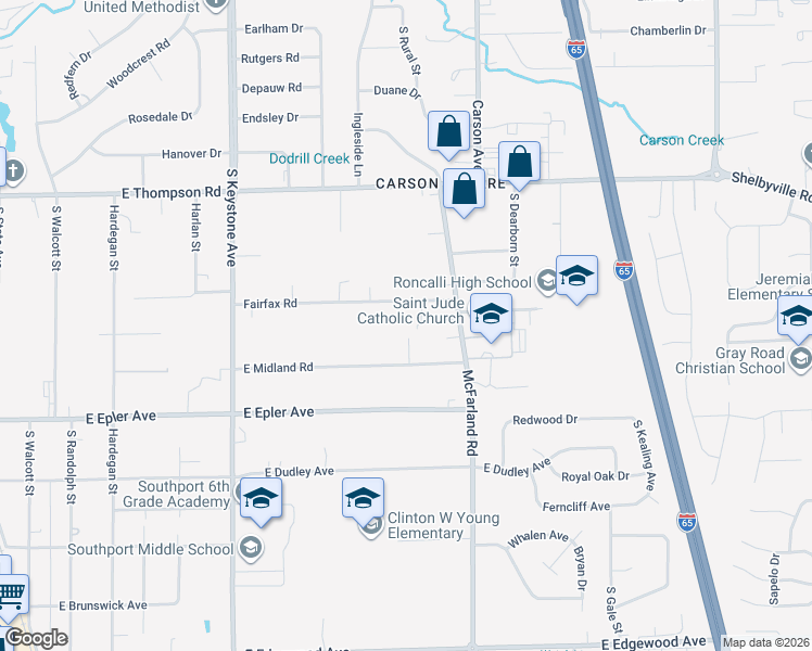map of restaurants, bars, coffee shops, grocery stores, and more near 2733 Fairfax Road in Indianapolis