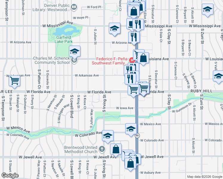 map of restaurants, bars, coffee shops, grocery stores, and more near 3255 West Florida Avenue in Denver