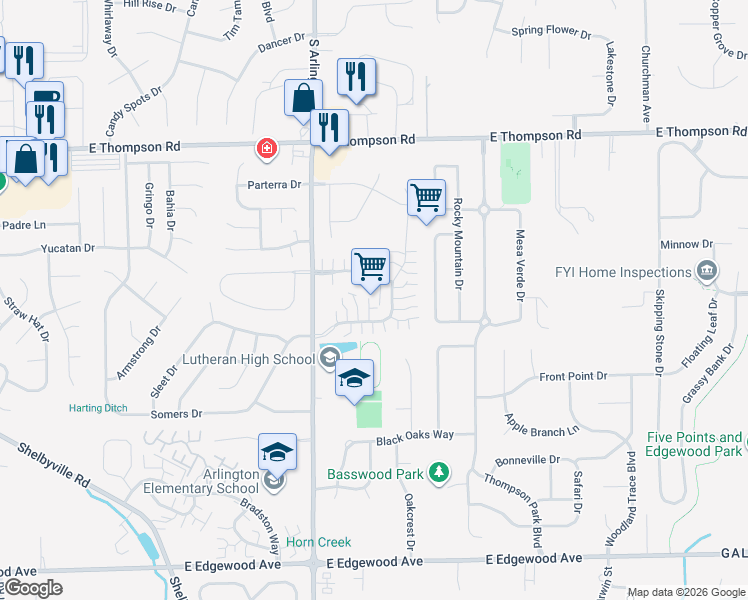 map of restaurants, bars, coffee shops, grocery stores, and more near 5335 Thornridge Lane in Indianapolis