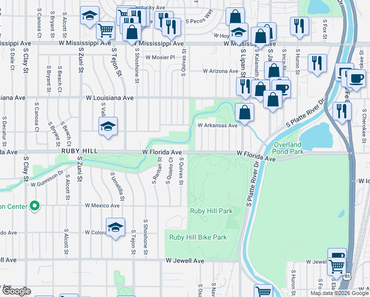 map of restaurants, bars, coffee shops, grocery stores, and more near 1400 South Pecos Street in Denver