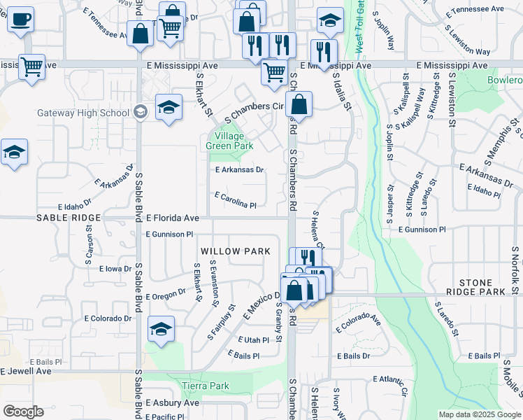 map of restaurants, bars, coffee shops, grocery stores, and more near 15193 East Arkansas Drive in Aurora