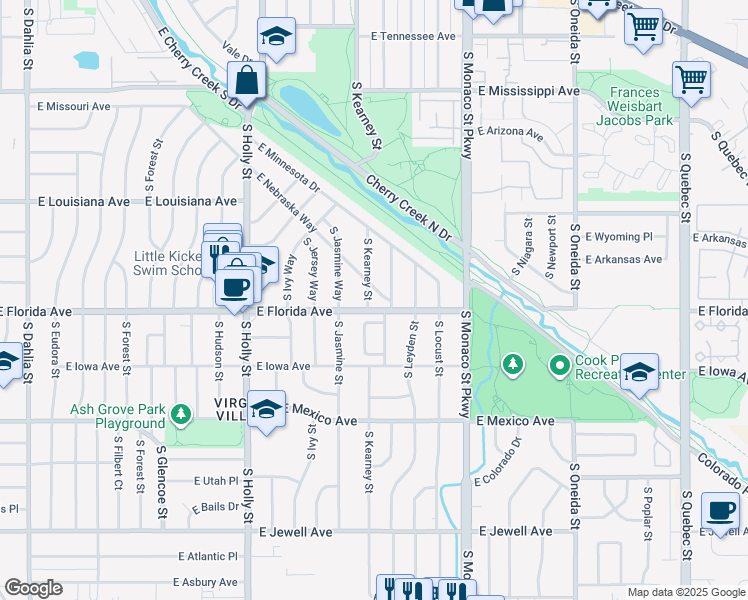map of restaurants, bars, coffee shops, grocery stores, and more near 1475 South Kearney Street in Denver