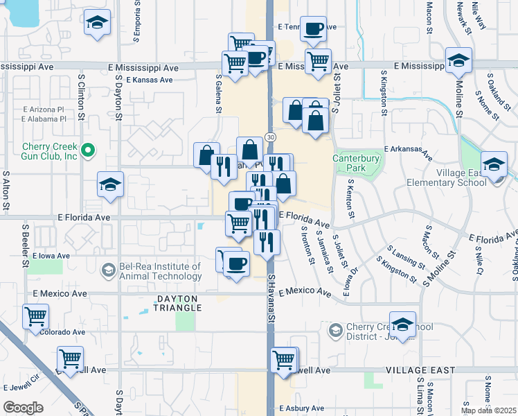 map of restaurants, bars, coffee shops, grocery stores, and more near in Aurora