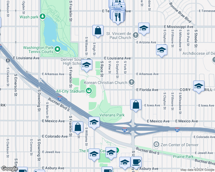 map of restaurants, bars, coffee shops, grocery stores, and more near 1483 South Vine Street in Denver